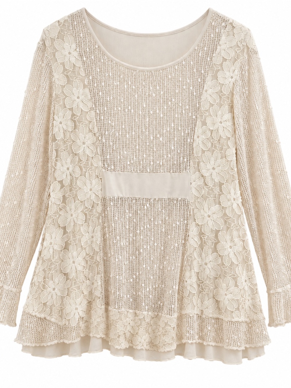 Tantrums Women XXL Ivory Lace Mesh Ruffle Tunic Top Boho Lagenlook